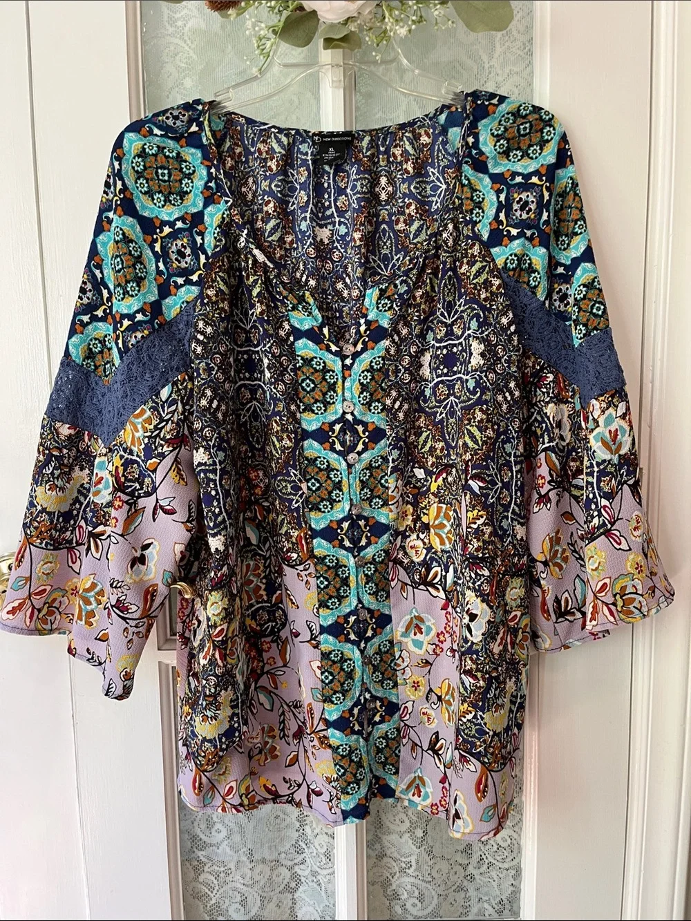 new directions Navy, Turquoise & Lilac Mixed-Print Peasant Blouse
